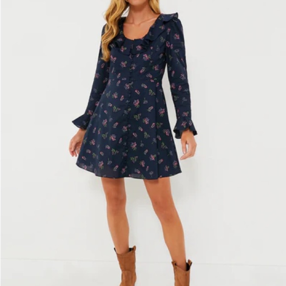 HYACINTH HOUSE Navy Floral Ruffle Neck Norah Mini Dress